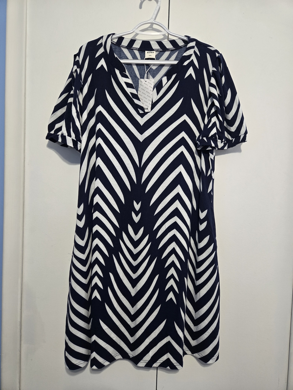 Rumia Navy‎ White Chevron Print Dress 2XL V Neck Short Sleeve Flowy